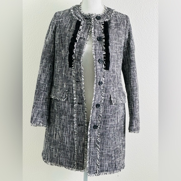 Karl Lagerfeld Paris Monochrome Tweed Fringe Ruffle Coat Size 2 - Picture 5 of 12